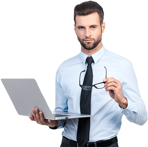 man holding laptop and glasses